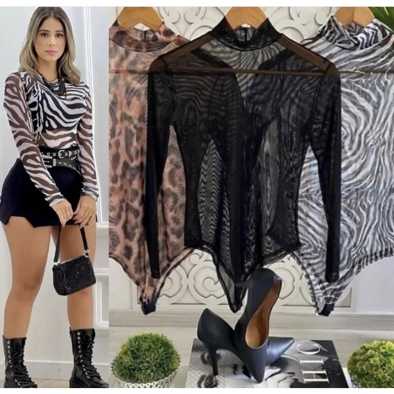 bory body tule manga longa  feminino  lançamento  2022 animal  print oncinha zebra