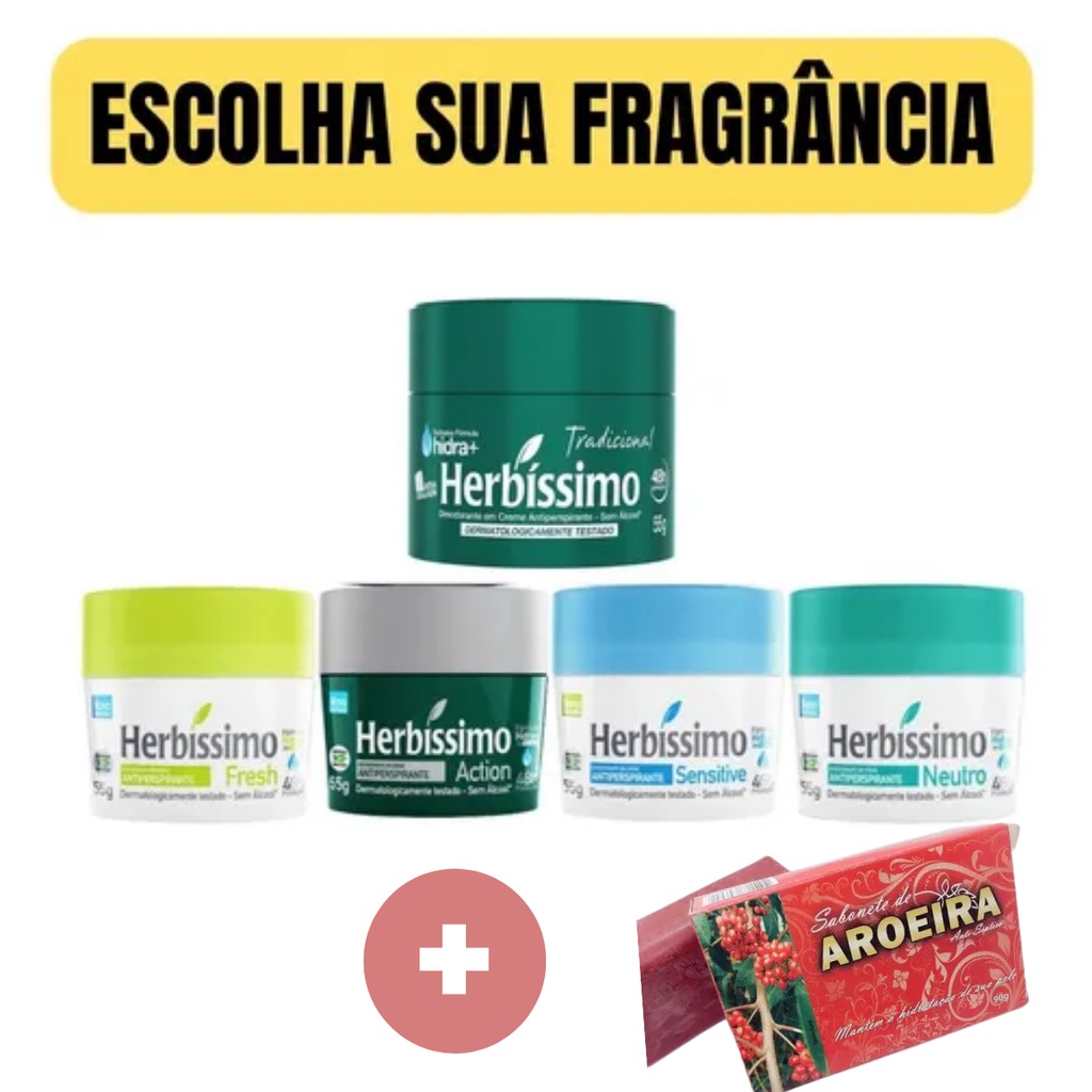 Kit Desodorante Creme Herbissimo 55g/ Barra Sabonete Aroeira