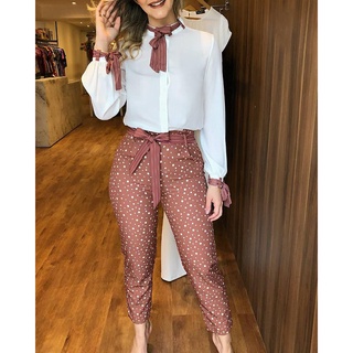 Detalhe Amarrado Top & Polka Dot Impressão Calças Set Mulheres Casuais Conjunto De Duas Peças Roupas Escritório Workwear