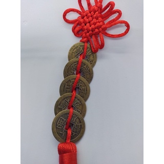 Amuleto chines com 5 moedas, prosperidade, sorte e proteção
