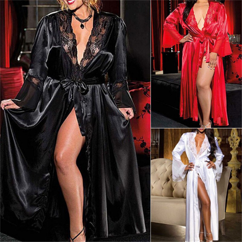 Mulheres De Seda Longo Kimono Vestir Vestido De Banho Robe Babydoll Lingerie Camisola