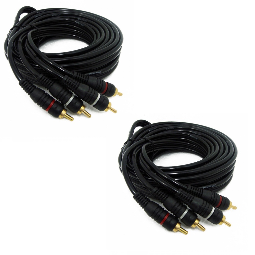 Kit 2 Cabo Rca De 5 Metros Preto Emborrachado Permak 5mm Som Automotivo
