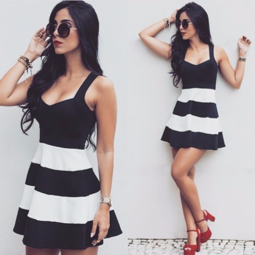 Vestido Feminino Preto E Branco Rodado Peplum Panicat Verão