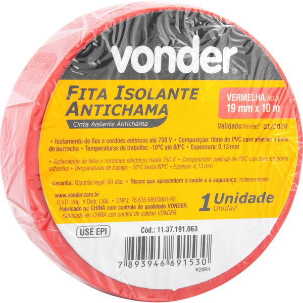 Fita isolante, 19 mm x 10 m, vermelha, VONDER em Oferta na Shopee