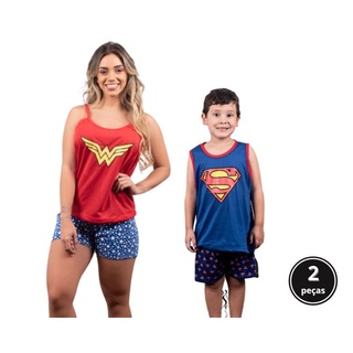 2 Pijamas Mãe e Filho Curto Verão Super Herói Mulher Maravilha Super Homem