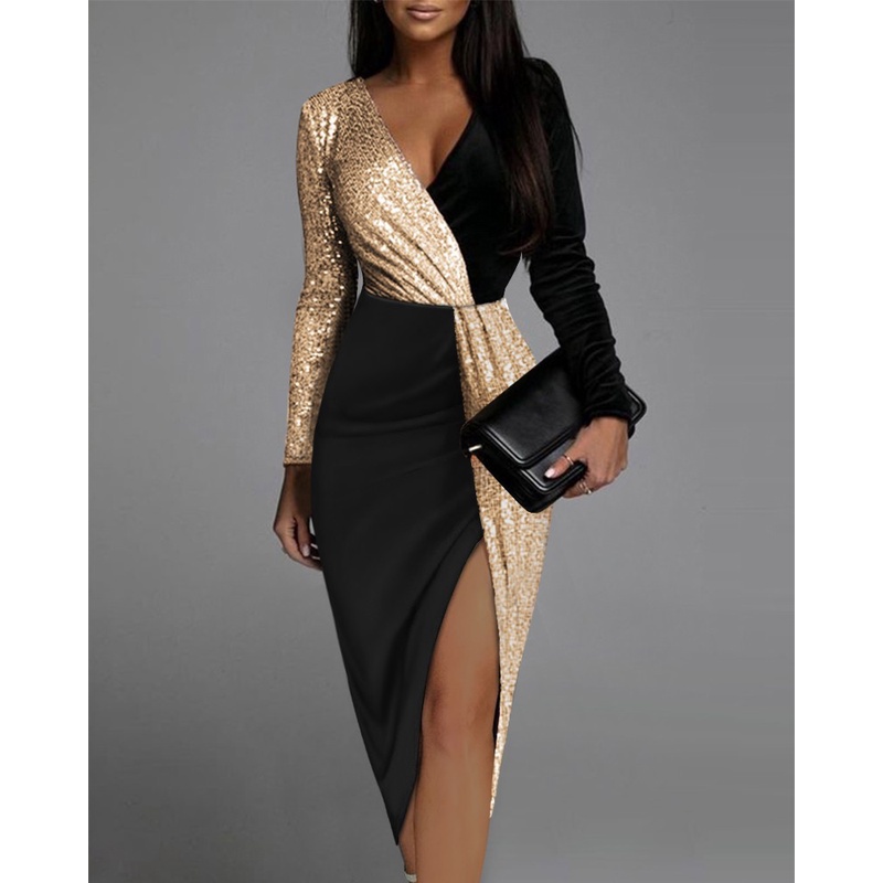 Midi Vestido Feminino Mangas Longa Gola V Lantejoulas Douradas Preto patchwork bodycon De ...