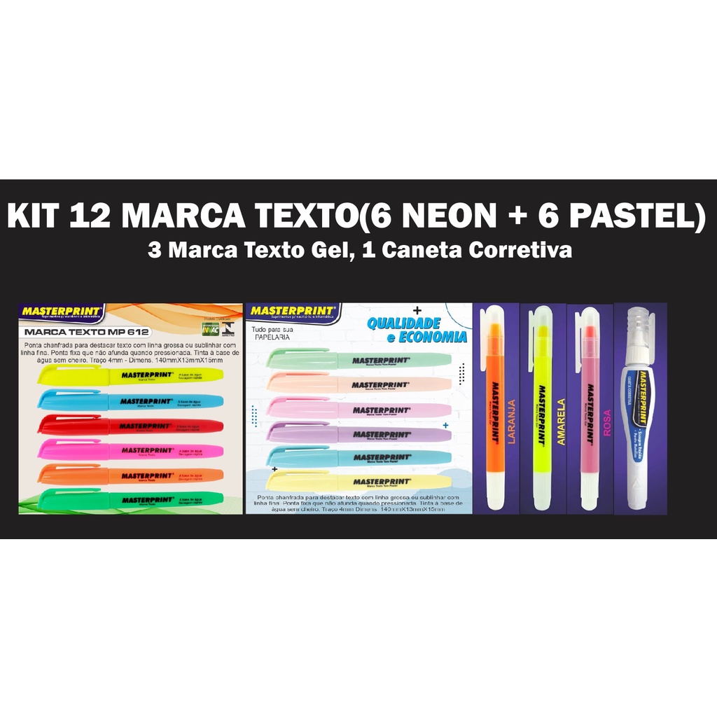 KIT 12 MARCA TEXTO,  3 M. Texto Gel, 1 Caneta Corretiva