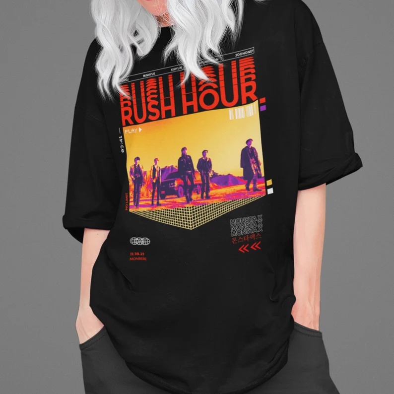 Camiseta T-shirt Unissex Algodão Grupo Kpop Monsta x "Rush Hour"