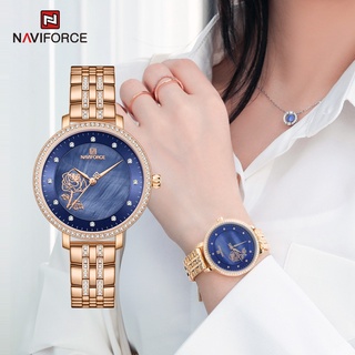 NAVIFORCE 5017 Relógios Mulher Luxo Marca Rose Gold Criativos Diamantes 3D Discagem Elegante Pulseira Relógio De Pulso Seiko Movement De Aço Inoxidável Para