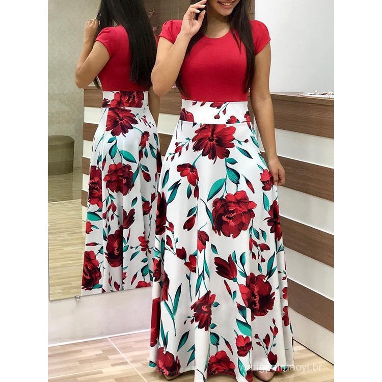 Vestido evangelico feminino manga curta estampado longo vestido soltinho