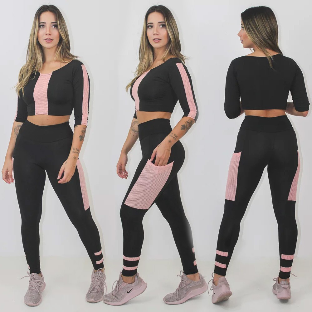 Conjunto Fitness Cropped E Calça Legging Preto Detalhe Rosê Não Fica Transparente