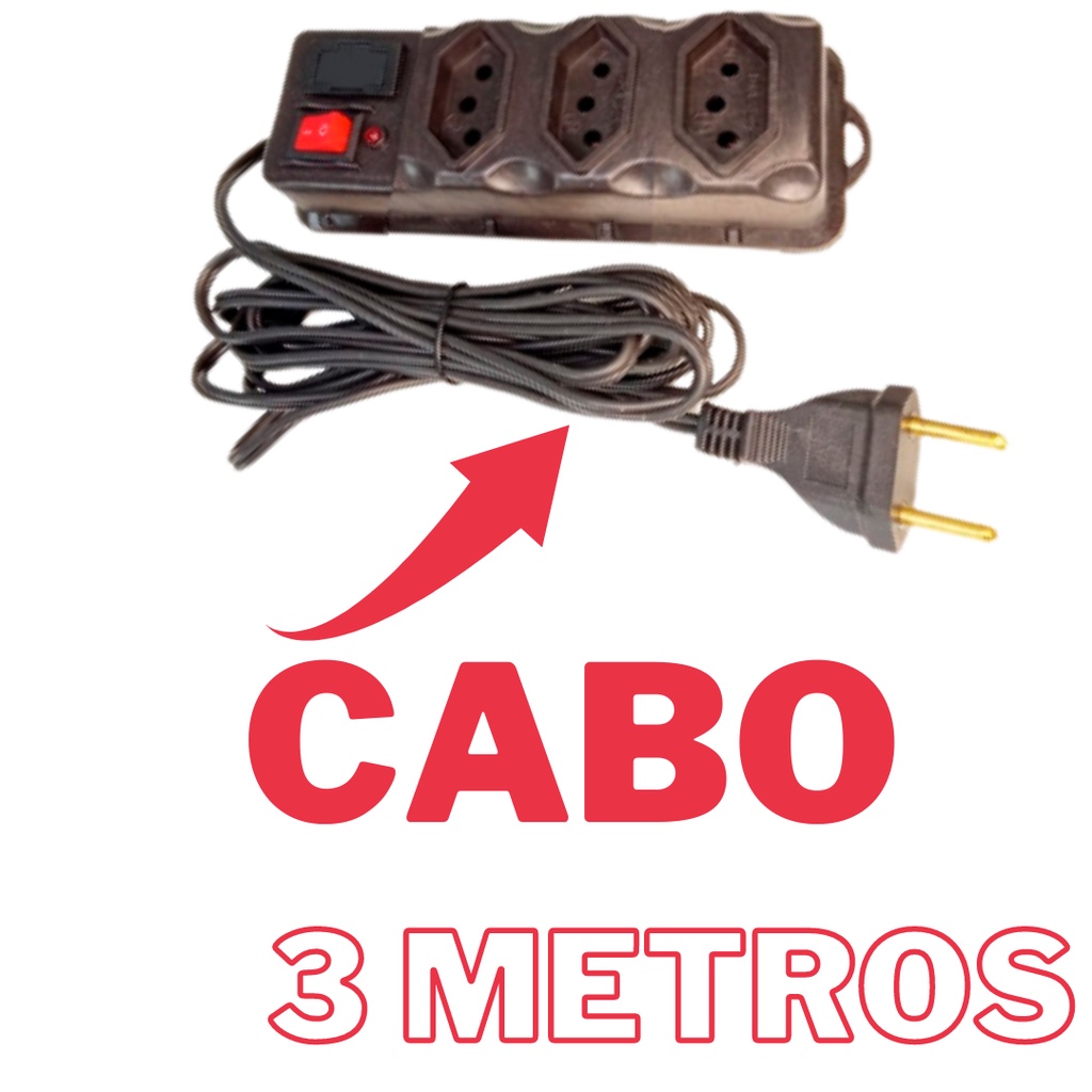 Filtro de Linha Régua 3 Tomadas Cabo 3 Metros e 5 Metros bivolt Com Proteção Fusível Chave E Led