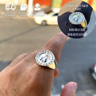 Anel Masculino De Prata 925 Nossa Senhora Com Pedras Brilhantes Banhado a Prata 925 Italiana Dedeira