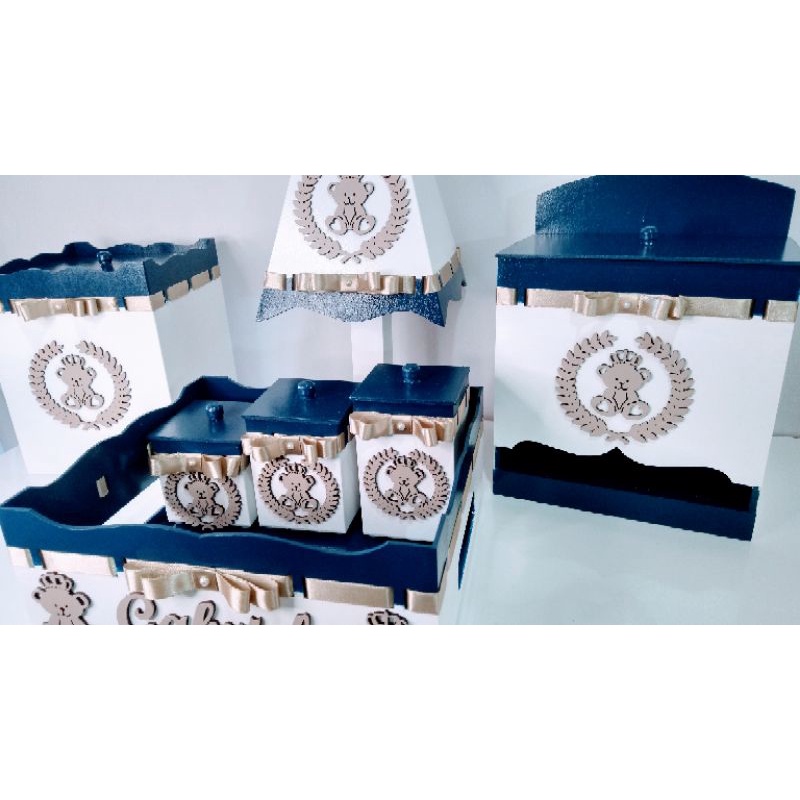 kit higiene bebê 7 peças urso rei/urso príncipe MDF