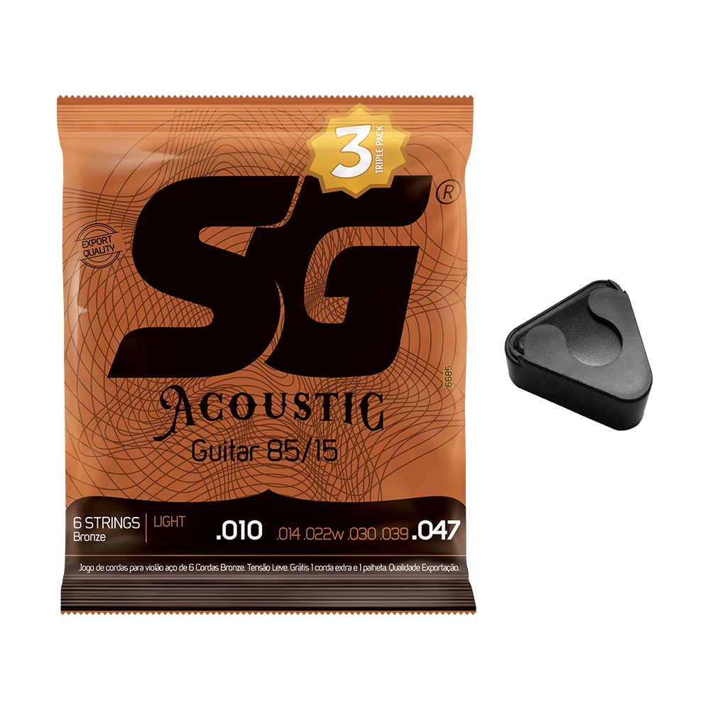Kit 3 Encordoamento SG Violão Aço 010 Bronze + Palheteiro