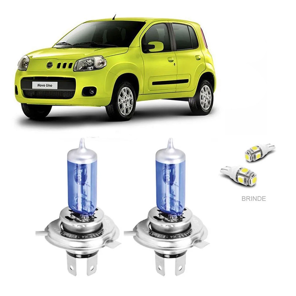 Par Lâmpada Super Branca H4 12V 55W Efeito Xenon Fiat Uno Fire Vivace Way Sporting + Brinde