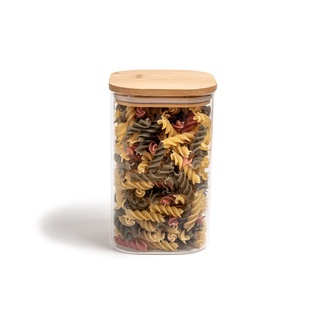 Pote De Vidro Mantimentos Quadrado Flat 1100ml Tampa Bambu - Oikos