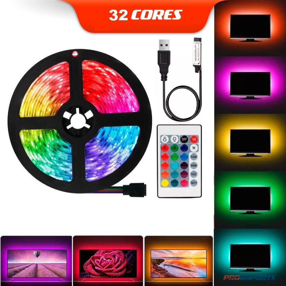 Fita LED RGB USB com Controle Remoto 32 Cores Tensão USB TV Monitor Iluminação De Fundo Gamer Escritório