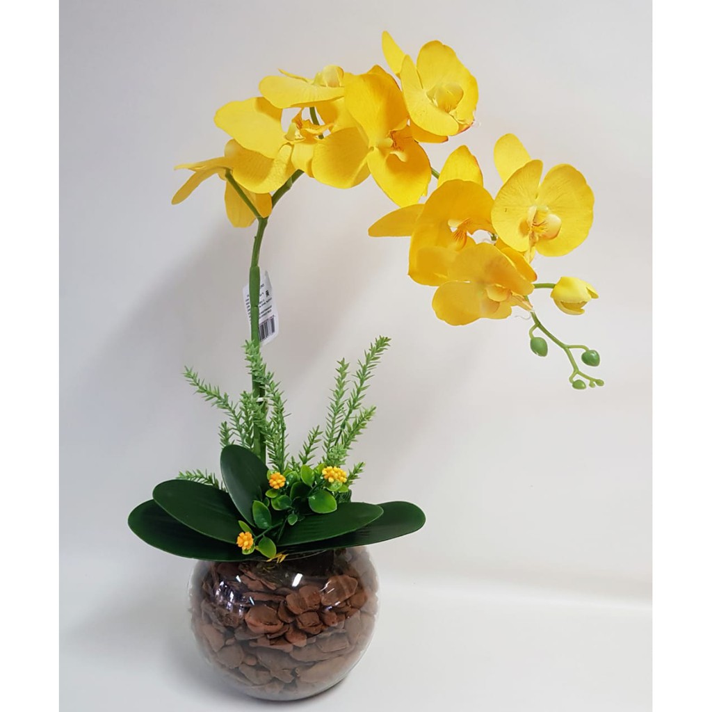 Arranjo Flores Decoração Orquídeas Amarelas Artificiais Vaso Luxo Qualidade  | Shopee Brasil