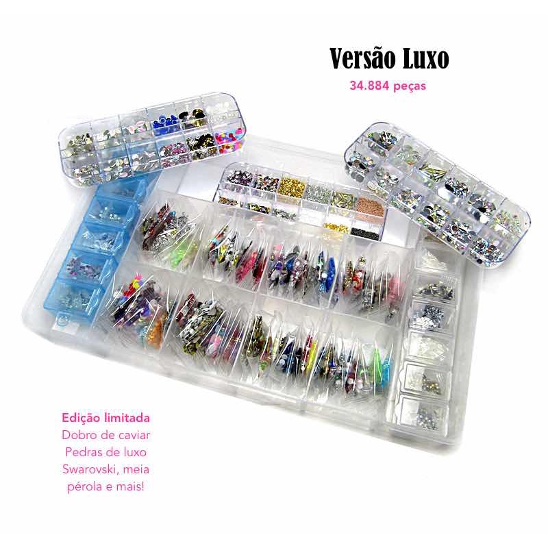 Kit De Pedrarias Para Unhas Luxo 34mil Peças Swaroviski Tachinha Flor 3d Coração Pérola Decoração De Unhas Art Nail