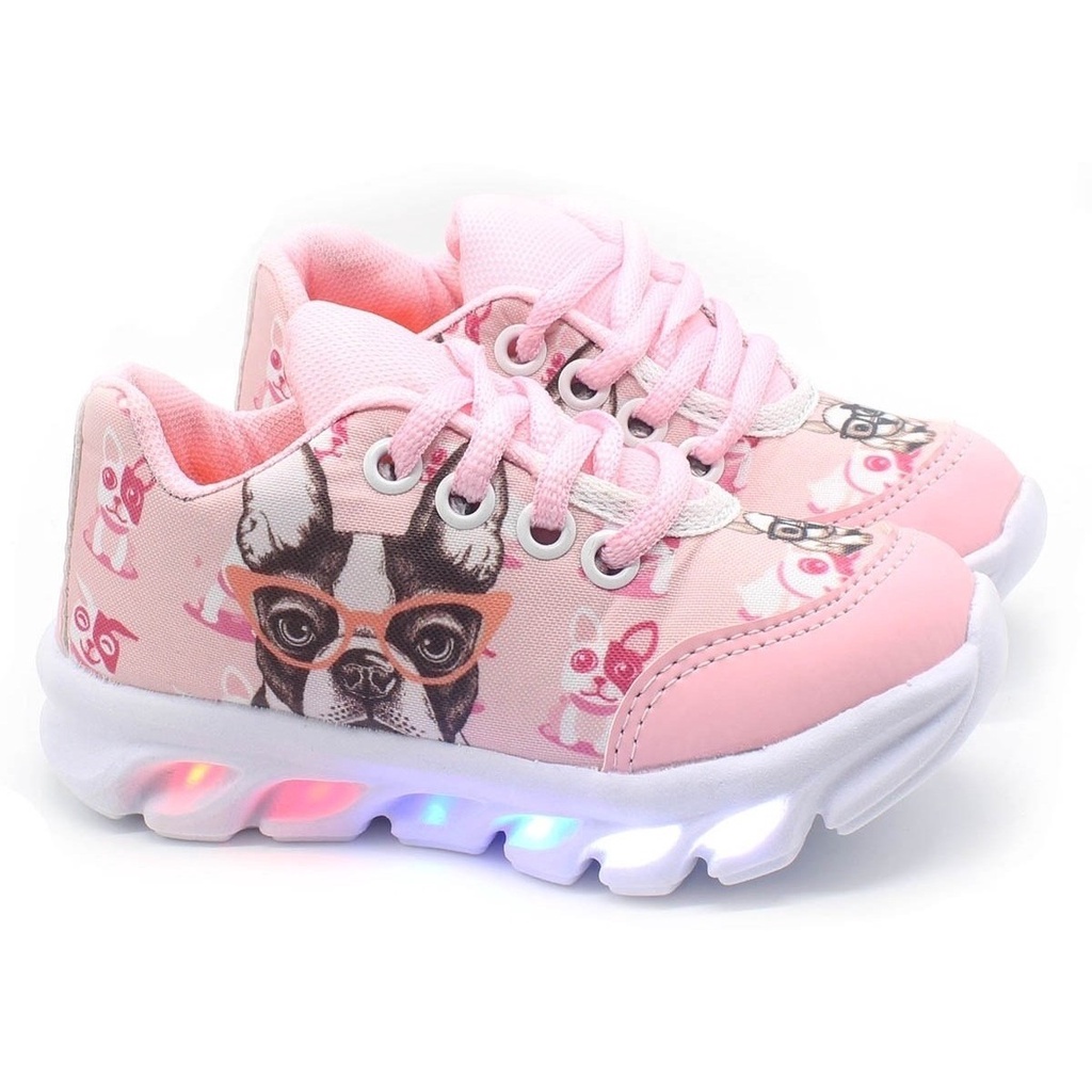 Tenis Calcado Buldog Infantil Juvenil Feminino Com Luz De Led Pisca Acende Menina