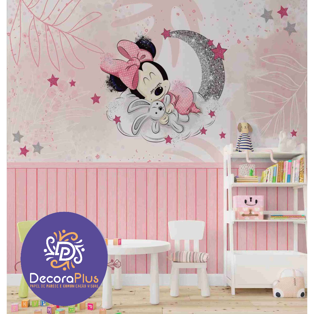 Papel De Parede Foto Mural Inteira Personalizado Disney Miney Mickey Mouse Na Lua Glitter Madeira