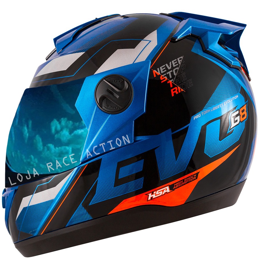 Capacete de Moto Pro Tork Fechado Evolution 788 G8 Evo Azul com Laranja + Viseira Espelhada em Azul (Iridium)