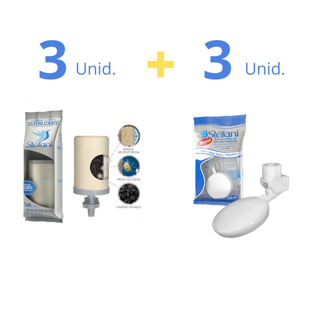 Vela para Filtro de Barro Tripla Ação Esterilizante + Boia para Filtro de Barro Stéfani - Kit 3 + 3