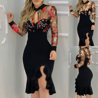Vestido Feminino De Manga Comprida Bordado Floral Com Babados Renda Oco Sexy