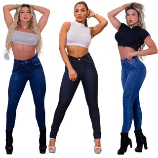 Calças Jeans Feminina Com Elastano Cintura Alta com Efeito Levanta Bumbum