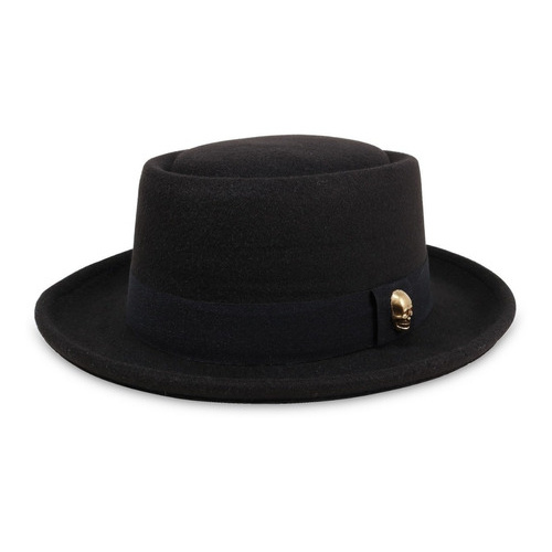 Chapéu Pork Pie Linha Skull Preto Caveira Dourada