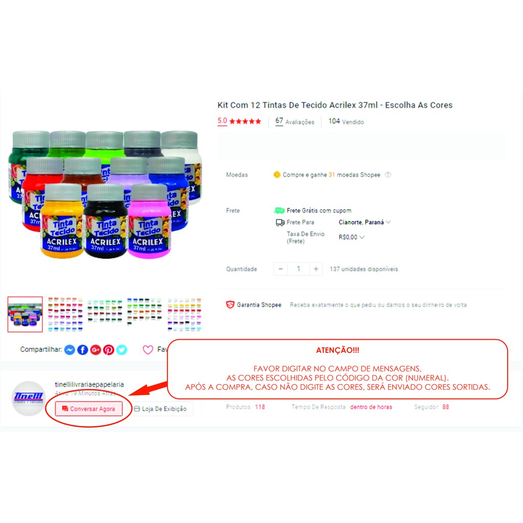 Kit Com 12 Tintas De Tecido Acrilex 37ml - Escolha As Cores