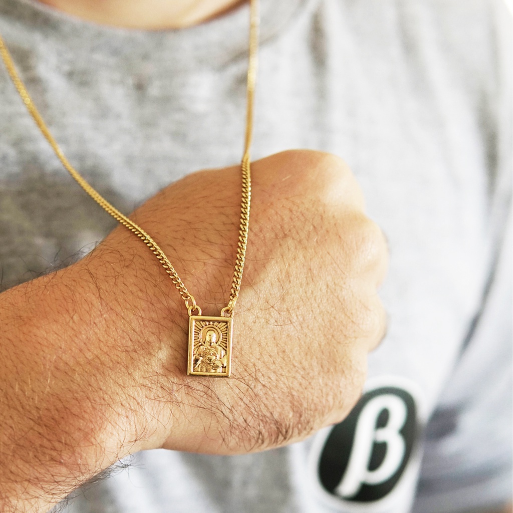 Corrente Escapulário Grumet Masculino Nossa Senhora Plaquinha Jesus Banhado Ouro 18k