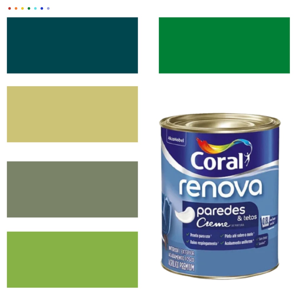 Tinta Parede Acrílica Coral Cor Verde 800ml Lavável Antimofo Verde Kiwi /Verde Limão / Verde Musgo / Verde Escuro/Verde Primavera / Verde Menta/Verde Piscina e Branco