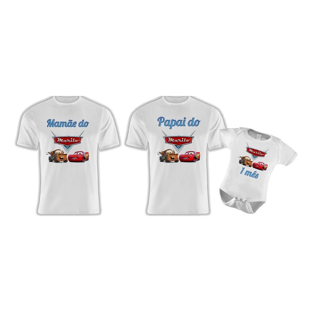 Kit Camisetas + Body Carros Pai, Mãe E Filho Ou Filha