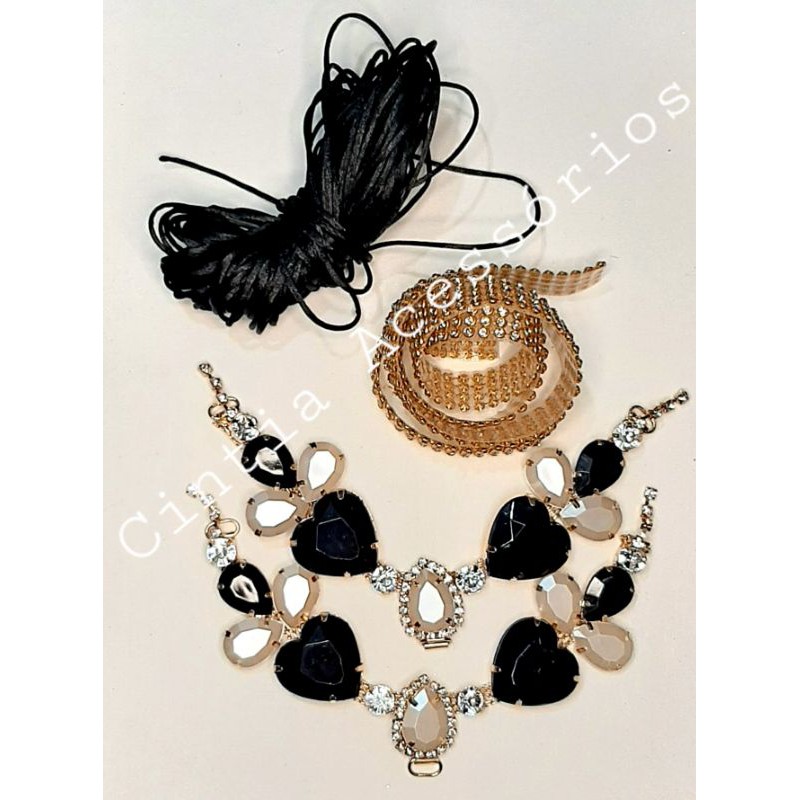 kit cabedal para chinelo coração duo preto com manta e cordão em Oferta na Shopee