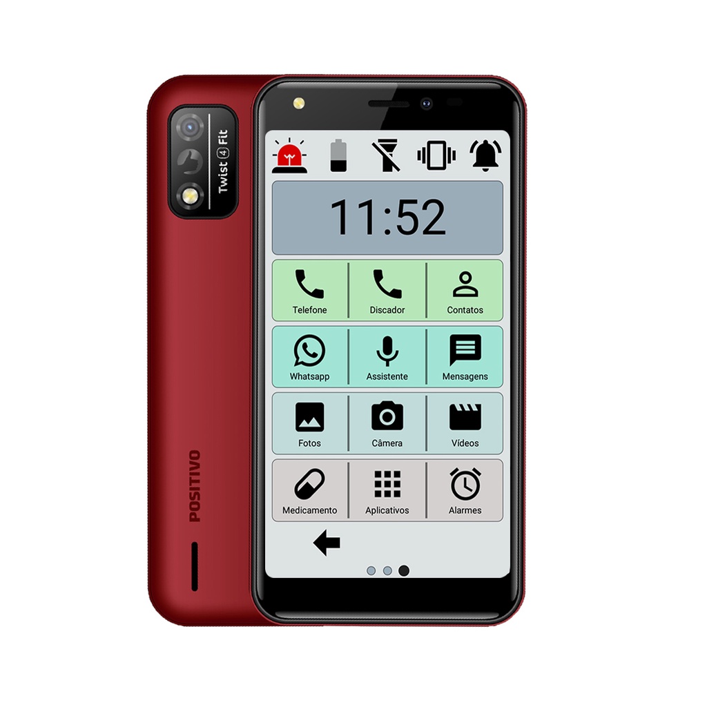 Celular do Idoso Positivo com Letra e Ícones Grandes 32gb Dual Tela 5' Botão S.O.S Radio MP3 Câm de 8MP + 5MP Android 10 - Vermelho