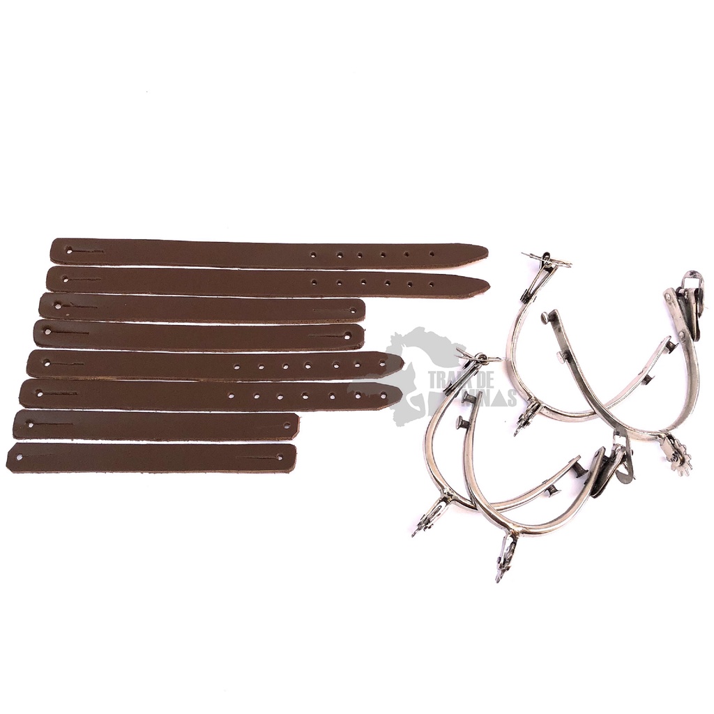 Kit Conjunto Pai & Filho Par Esporas Batida (INOX) + Par de Correia Tradicional Couro Legitimo