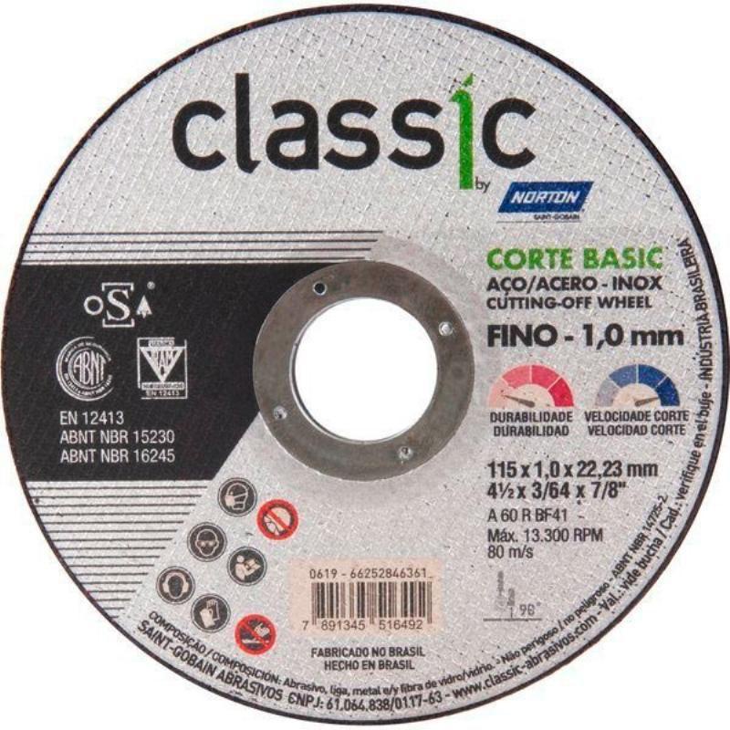 Disco de Corte 4.1/2 POL x 1,0 MM Aço Inox Furo 7/8 POL Classic Corte Basic NORTON