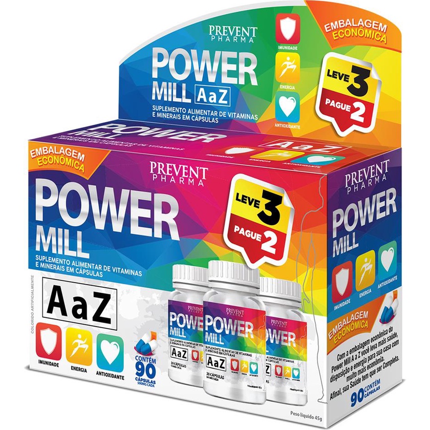 Multivitaminico A a Z Power Mill 90 Capsulas Imunidade Compre 2 Leve 3 Prevent Pharma - Health
