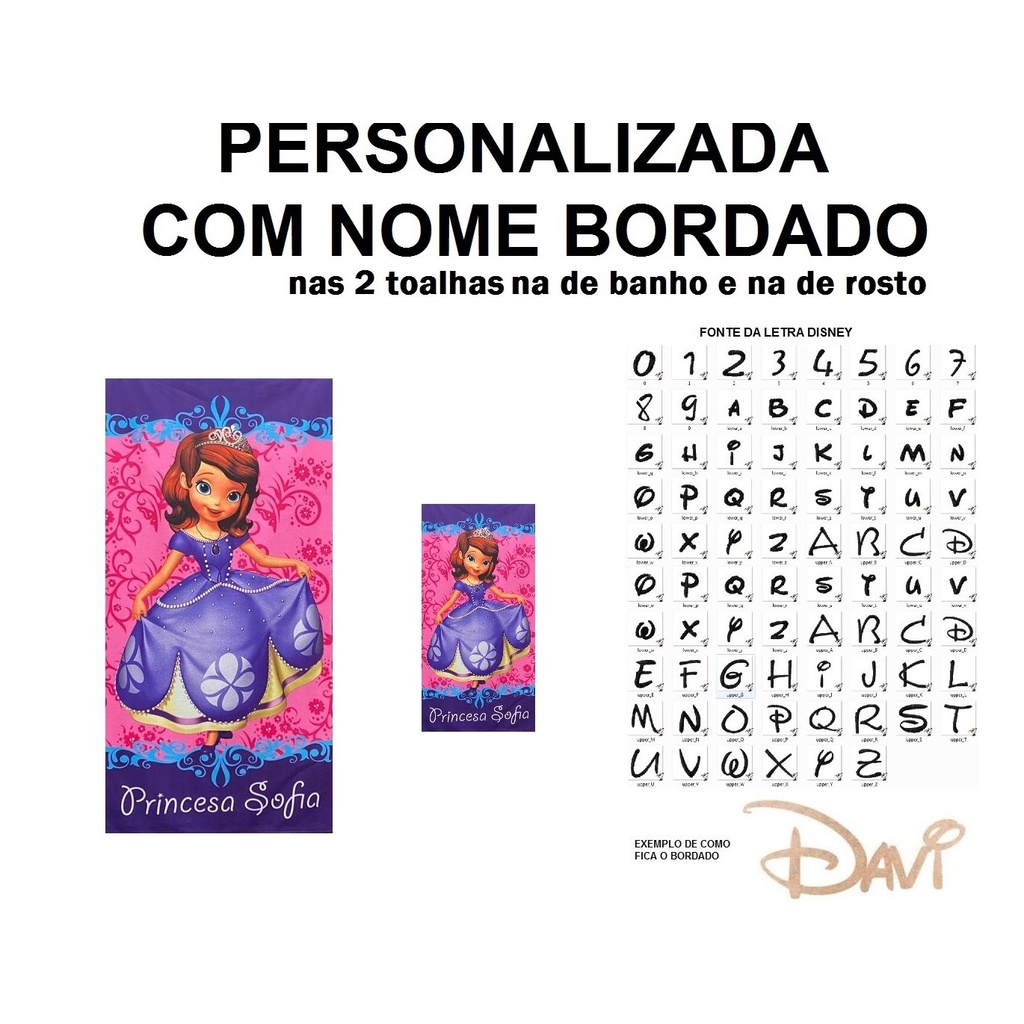 PERSONALIZADA NOME BORDADO kit 1 Toalha de Banho Infantil Princesa Sofia + 1 Toalha de Rosto
