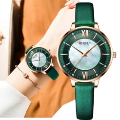 CURREN Relógios Femininos Quartzo Verde Marca De Luxo Couro Elegante À Prova D'água 9080 X