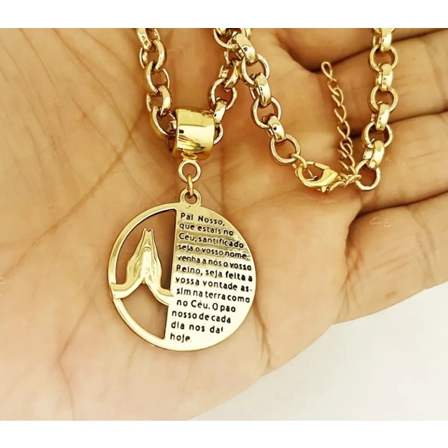Colar Corrente Feminina com Pingente Medalha Oração Pai Nosso Folheado Ouro 18k antialérgico Dourado Gargantilha