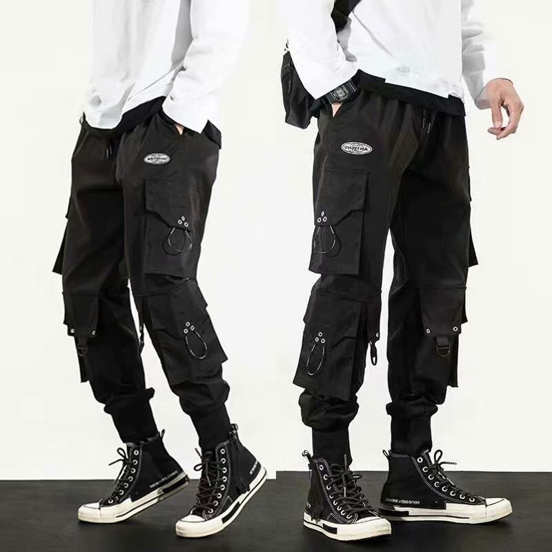 Calça Cargo Masculina Rasgada Hip Hop Preta De Moletom Fita Streetwear ...