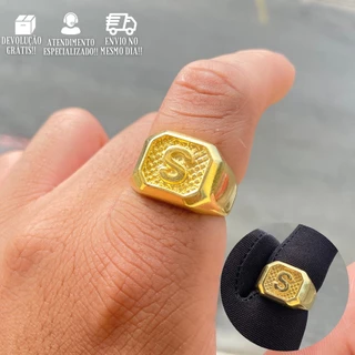 Anel de Letra Masculino Dedeira Letra S Auto Relevo Banhado a 24k