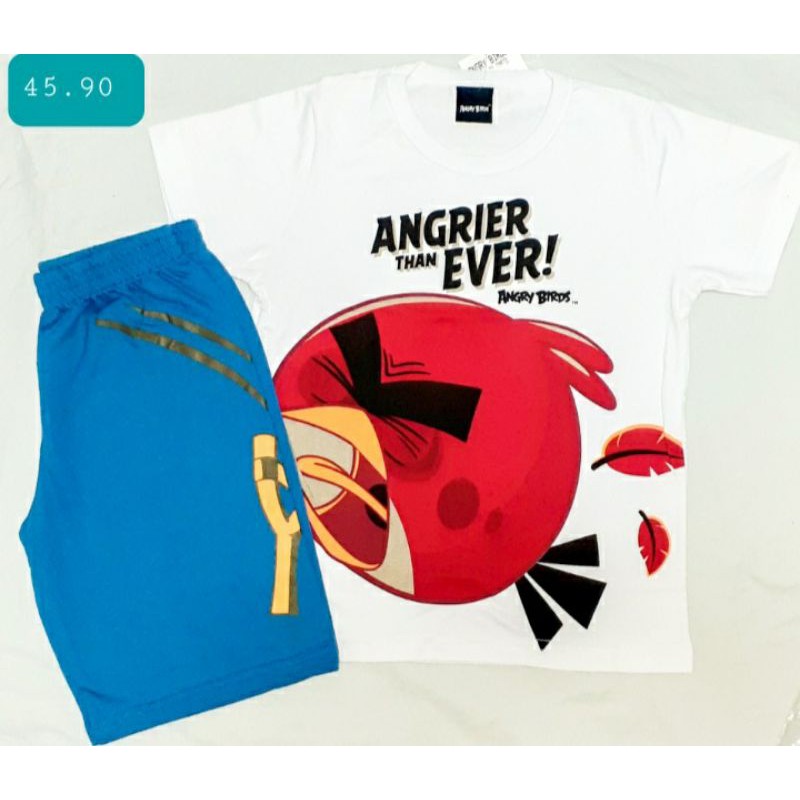 CONJUNTO INFANTIL MASCULINO COM ESTAMPA ANGRY BIRDS COMPONDO CAMISETA DE ALGODÃO E BERMUDA DE MOLETOM AZUL.