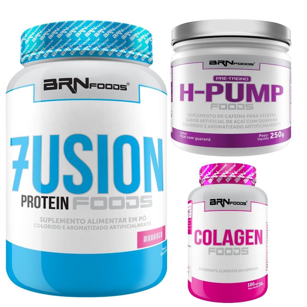 Kit Whey Protein Fusion 900g + Colágeno Foods 100 Cápsulas + Pré-treino H-Pump 250g - BRNFOODS