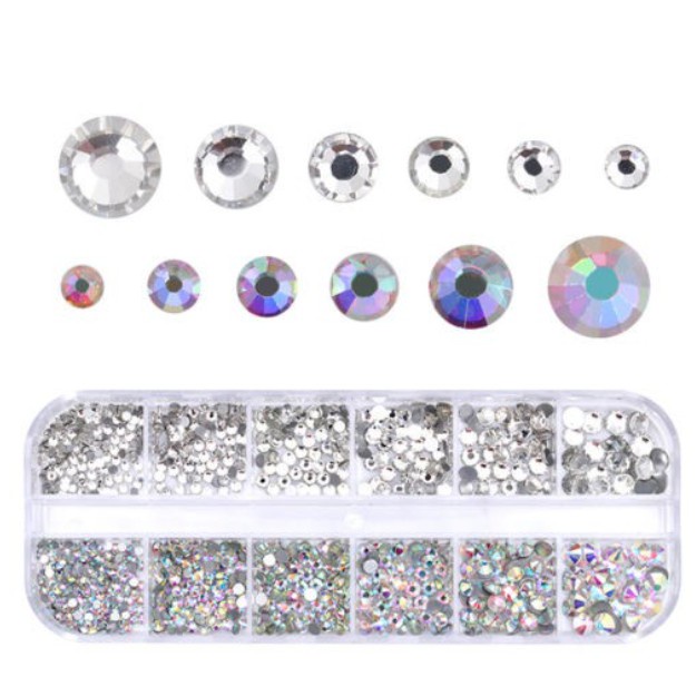 Kit Estojo Strass Transparente Colorido Furta cor com Fundo Plano em Vários Tamanhos para Decoração 3D de Unha Artística / Manicure