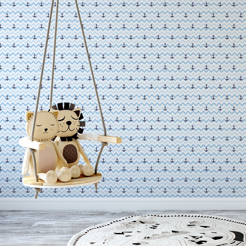 Papel de Parede Adesivo Chevron Azul e Branco com Âncoras-CHEVRON-14