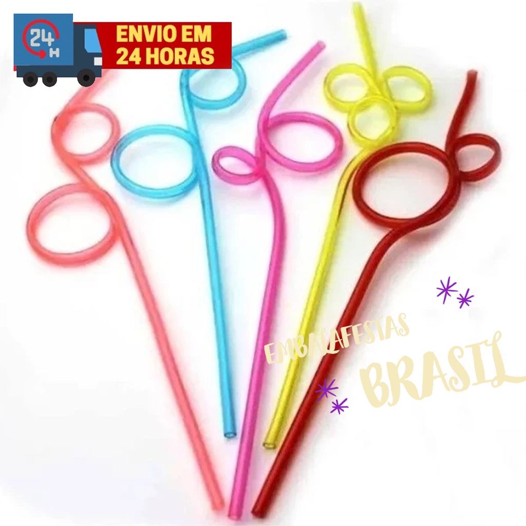 Kit de Canudos Neon Balada Reutilizável para Festa Aspiral Decoração Enfeite Diversão Sucos Drinks